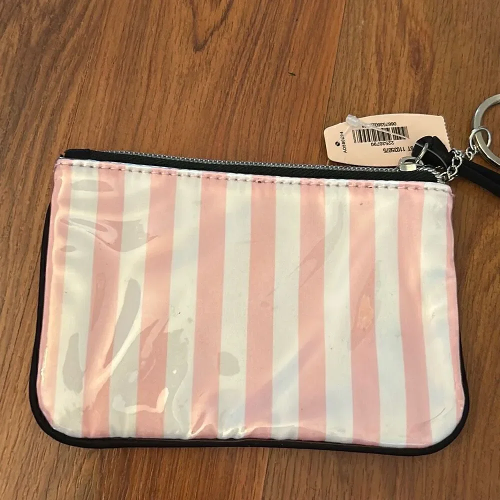 NWT Victoria secret pink and white stripes patent leather purse keychain bag